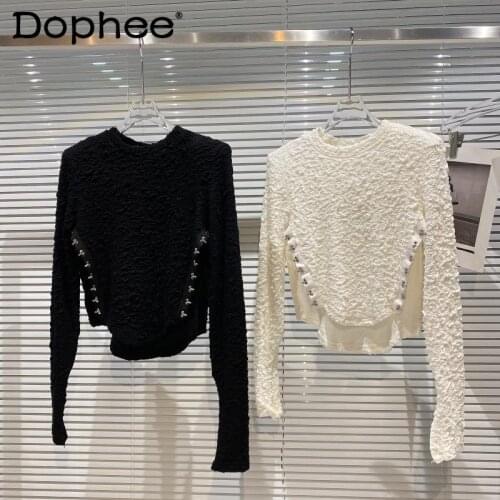 2021 Autumn New Metal Decoration Pleated Bottoming Shirt O-Neck Long Sleeve Slim Fit Slimming Long Sleeves T-shirt for Women