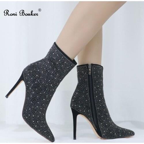 Roni Winter Boots Women 2018 Black Ankle Boot for Women Stilettos Heel with Zipper Ladies Shoes Bota Feminina High Heels Booties