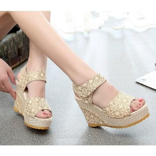 Women Sandals New Summer Fashion Lace Hollow Gladiator Wedges Shoes Woman Slides Peep Toe Hook & Loop Solid Lady Casual