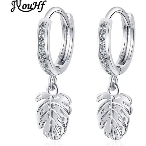 JYouHF Luxury 925 Sterling Silver Leaf Earrings for Women Fashion Gold Silver Cubic Zircon Hoop Earrings Party Wedding Jewelry