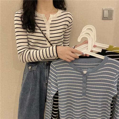 Womens Knitted Pullover Contrast Color Stripe Long Sleeves Slim Thin Top Wholesale Slim Spring Autumn New Fashion Lady Clothing