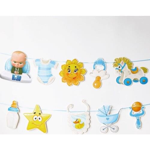 Babys birthday party supplies layout Happy Birthday Banner Bronzing letters Animal train banner