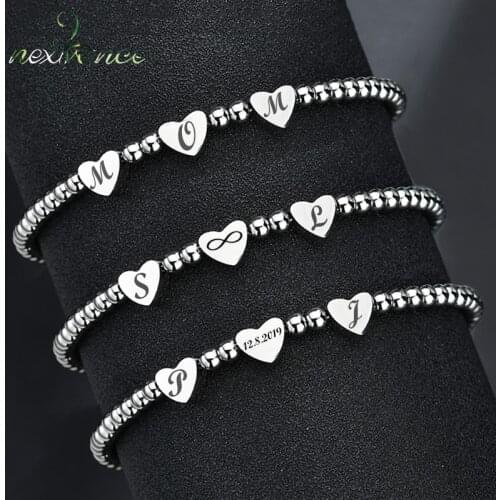 Nextvance Personalized Name Date Heart Strand Bracelet Stainless Steel Engrave Beads Bracelet For Women Girl Birthday Gift DIY