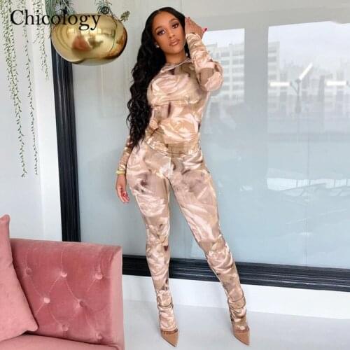Chicology Vintage Print 2 Two Piece Matching Set Long Sleeve Crop Top Flare Pants Autumn Winter Outfits Women Clothes Sweat Suit
