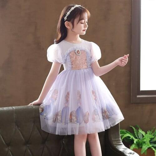 Special price children lace dress Korean edition flower children purple summer new girls short sleeved Princess Elsa dress