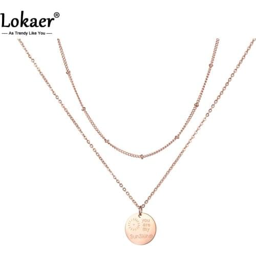 Lokaer Double Layers Necklace You Are My Sunshine Coin Pendant Rose Gold Color Stainless Steel Jewelry N18241