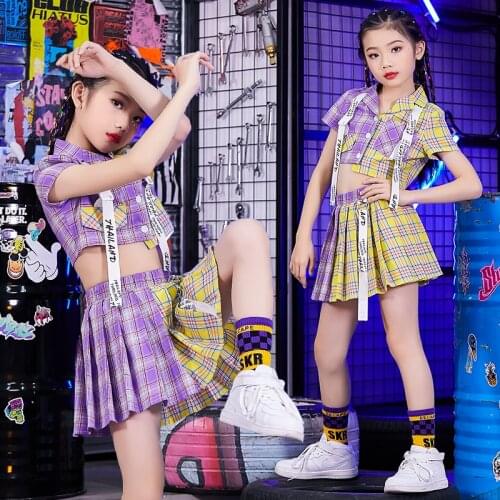 Girls Jazz Costumes Children Street Dance Pink Yellow Plaid Clothes Kids Hiphop Performance Outfit Child Modern Dance Costumes