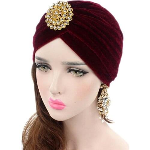 Hijabs Muslim Fashion Turbans For Women Comfortable Womens Headscarf Hat Alloy Diamond Noble Vintage Gold Velvet Indian Hat 11