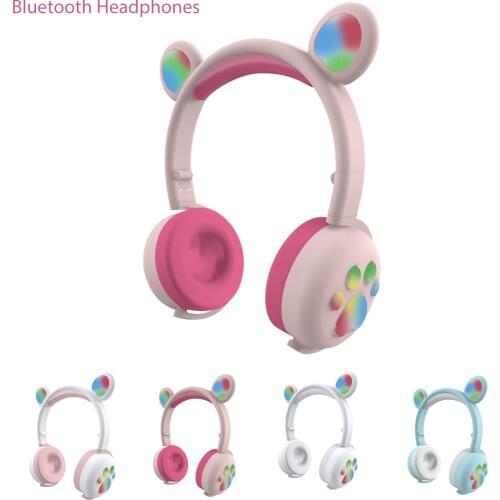 Cute Bluetooth Headphones Glowing LED Bear Ear Kids Headset Wireless HIFI Stereo 3.5mm Plug Headphone With Mic for Girls Boy