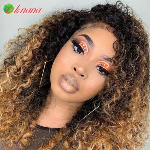 Mongolian Afro Kinky Curly Human Hair Wigs 13x4 Lace Frontal Wig For Women Pre-Plucked Thick Highlights Ombre 1B/Blonde Colored