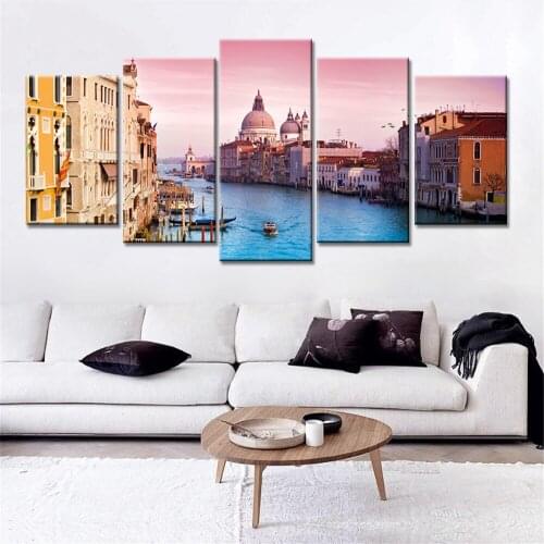 5 Pieces Frameless Venice Landscape River Boat Painting on Canvas for Home Decor Wall Artwork Paintings for Living Room