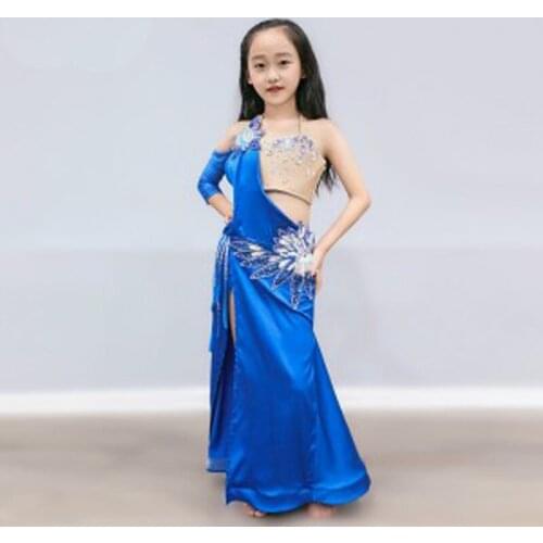 New style Blue color Belly Dance Costume Kids Pretty Childrens Bellydance Performance Clothing Bra+long Skirt Dance Wear Girls