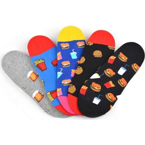 Peonfly Arrival New Happy Men Art Abstraction Creative Food Hamburger French Fries Pattern Casual Funny Boat Socks
