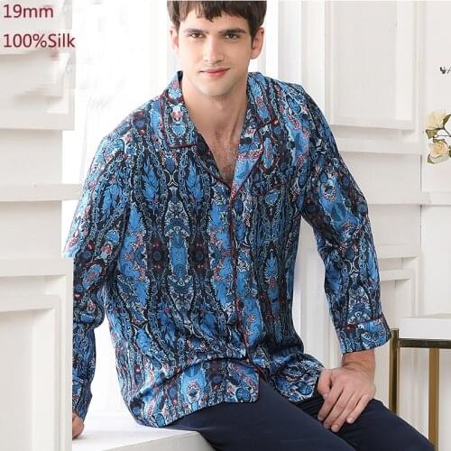 19MM Pajamas Men Suit Sleepwear Blue Yellow Gift Nightwear Luxury Casual Lovers Pijama Male Home Clothing 100% Silk Pajamas