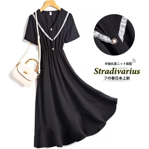 French Black Dress V-neck Short-Sleeve Elastic Waist Slim Long Midi Dress Summer 2021 Casual Beach Style Basic Style