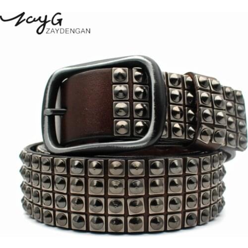 ZAYG Fashion Punk Personality High Quality Pin Buckle Rivet Belt Hip hop Men and woman Black Brown Leather Tip Studded Belt