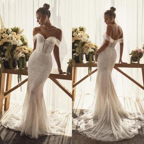 Luxury Beading Mermaid Wedding Dresses Sexy Off Shoulder Wedding Dress Beads Backless Sweep Train Bridal Gowns vestidos de novia