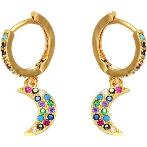 CZ Rainbow Moon Earrings Moon Hoop Earrings Personality Geometric Inlaid CZ Symmetric Moon Earrings Gold Plating Jewelry No Fade