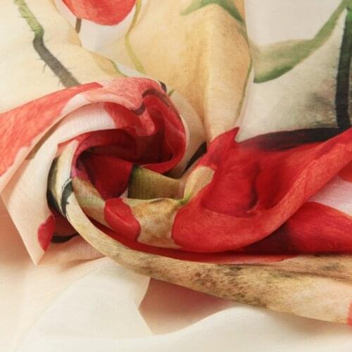 Floral Print Fabric Silk Shirt Dress Linen Orange Poppy Flowers 110x140cm