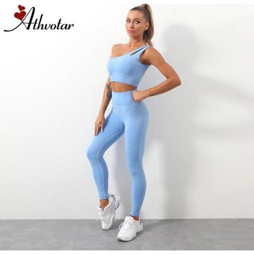 ATHVOTAR Women Tracksuits Push Up Sports Set Sexy Oblique Shoulder High Waist Elastic Yoga Suits Femme Casual Fitness Set