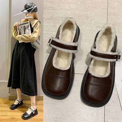 Warm Plush Mary Janes Women Shoes Woman Flats New Slip on Shallow Round Toe Buckle Strap Solid Leather Casual Shoes Plus Size