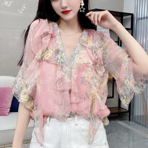 Womens Shirt Floral Chiffon Top Summer Blouses Women 2021v-neck Ruffle Shirt Plus Size Beautiful Tops Cropped