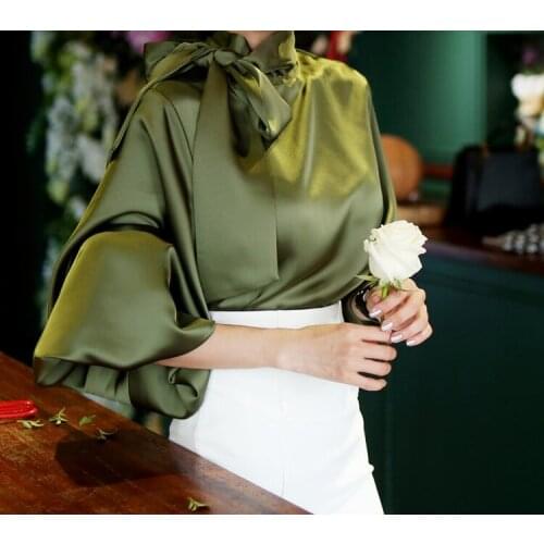 Vintage Womens Blouses Tops New Bow Collar Shirts OL Lantern Sleeve Blouse Shirts Elegant Pearly Cufflink Shirts SL105
