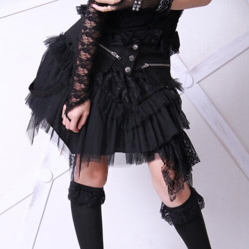 Irregular Patchwork Women Party Skirt Goth Dark Lace Gothic Pleated Mini Skirts Black Sweet