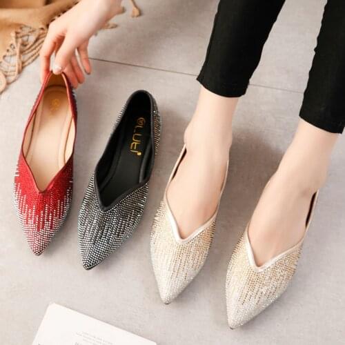 Brand designer glitter crystal flat shoes woman pointed toe bling ballet flats shallow mouth soft bottom mules big size 42 43