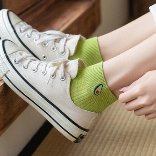 Women Socks Solid Avocado Embroidery Socks Soft Cotton Short Socks For Ladies Concise College Style Breathable Sox Trendy