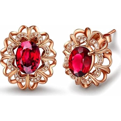 Female Fashion Red Crystal Stud Earrings Luxury Rose Gold Color Hollow Flower Wedding Ear Stud Earrings for Women Trendy Jewelry