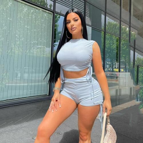 Summer Shorts 2 Piece Set Causal Outfits Women Shoulder Pad Silm Tops And Shorts Suit Female Spring Autumn Sport Loungewear Set