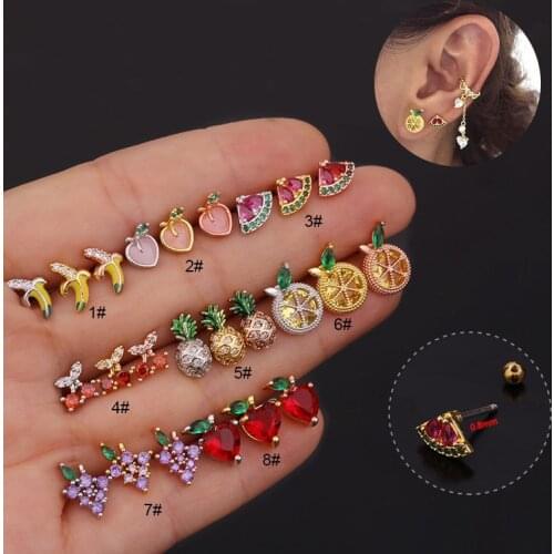 1Pcs Surgical Fruit Gem Zircon Ear Cartilage Tragus Helix Piercing Bar Top Upper Stud Earring Tunnel Plugs Jewelry Women Girls