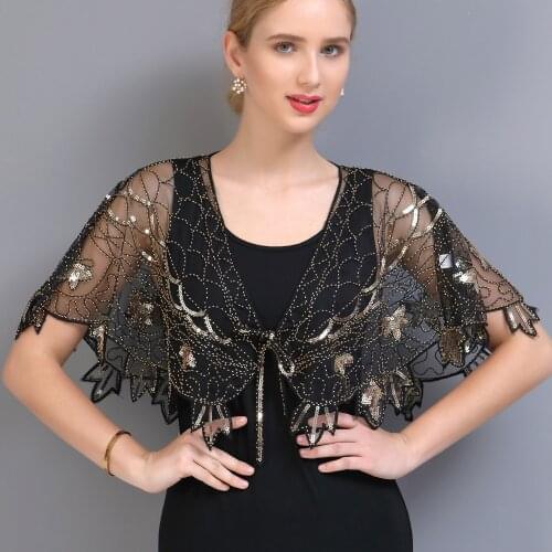 1920s Shawl Wraps See-through Mesh Sequin Beaded Evening Cape Bridal Sheer Shawl Bolero Flapper Party Cover Up Dress Accessory