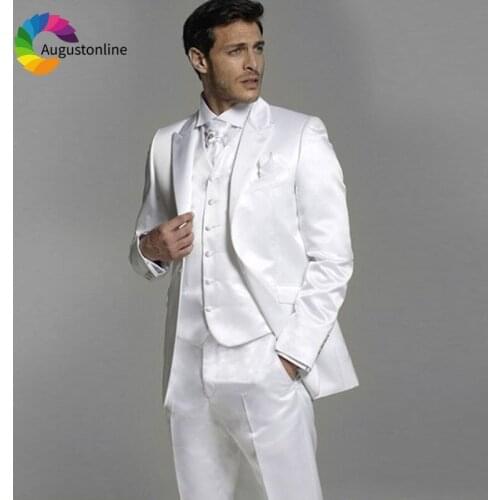 2018 Slim Fit White Satin Italian Men Suits For Wedding Bridegroom Groom Costume Prom Casual Tuxedo Best Man Blazer Traje Hombre