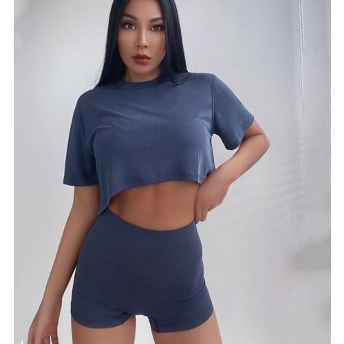 2021 Summer Loose Sports T-shirt Short Sleeve Gym Crop Top Fitness Women Gym Naked-feel Fabric Buttery-Soft Workout Yoga Blouse