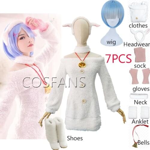 7PCS Anime Re Life in a different world from zero Cosplay Rem Sheep Version Costume Women Re Zero Cosplay Rem Wigs and shoes