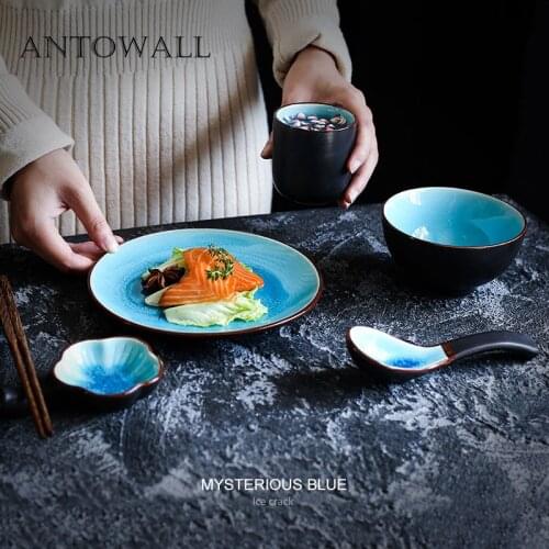 ANTOWALL Blue ice cracked Ceramic tableware set bowl plate tea cup chopsticks holder flower shape sauce dish 5pieces hotel home