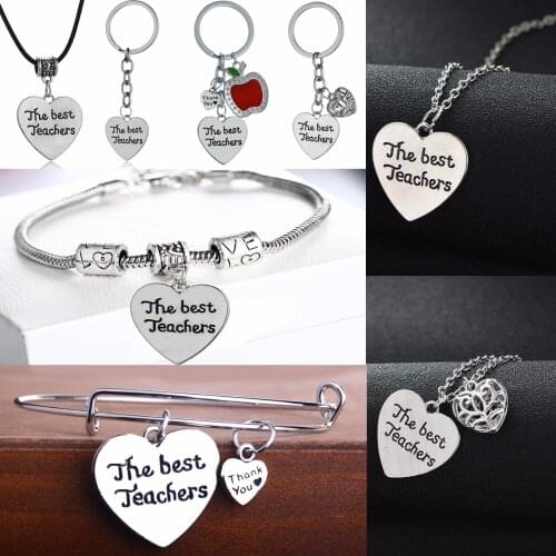 The Best Teachers Necklace Apple Love Heart Pendants Chain Bracelets Bangle Thank You Teacher Jewelry Teahers Keychain Keyring