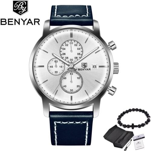 BENYAR Men Watches Brand Luxury Leather Strap Waterproof Sport Quartz Chronograph Military Watch Men Clock Relogio Masculino