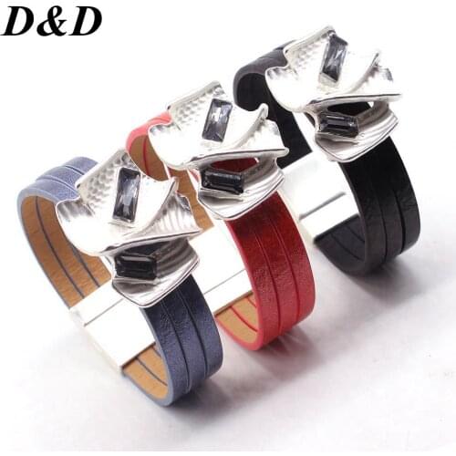 D&D Charm Crystal Alloy Leather Bracelet for Women Femme Fashion Cool Clasp Wristband Cuff Bracelet Wedding Jewelry
