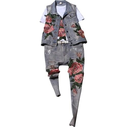 3D Flower Sequined Cowboy Vest Denim Jeans Pants Suit Set Casual Vest Coat + Hole Ripped Jeans pants