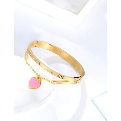 Hot Sale Oval Roman Numeral Bangle hang Blue and Pink Heart Stainless Steel Woman Bracelet Luxury Brand Bangle Jewelry