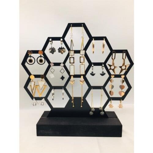 Ahşap Küpe Standı Petek Desenli Küpe Takı Düzenleyici Modern Takı Organizeri Siyah Renk