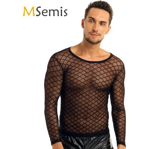 Mens Mesh Fishnet T--Shirts See-Through Fishnet Sheer Round Neck Long Sleeve Pullover Club Wear T-Shirt Undershirt