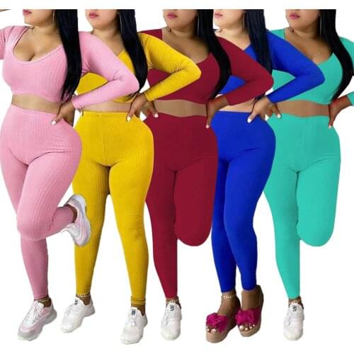 2021 New Style Womens Sets Cropped Shirt Knitting Trousers Long Sleeve Round Collar Casual Yoga Elastic Sports High-Waist Pants