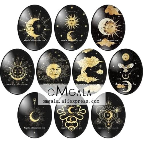 Black Golden Sun and Moon Cartoon Patterns 13x18mm/18x25mm/30x40mm Oval photo glass cabochon flat back Making findings