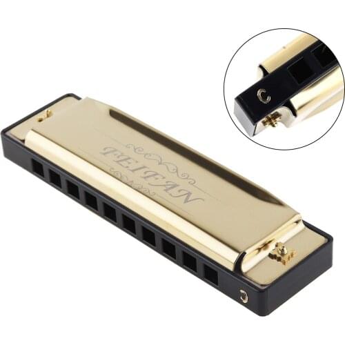10 Holes 20 Tone Portable Matte Gold Harmonica Blues Harp Mouth Organ Stainless Steel Musical Instrument for Beginner