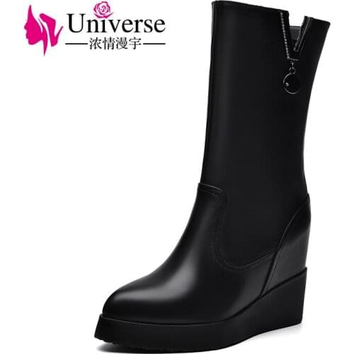 Wedge Heel Genuine Leather Mid-calf Boots Platform Universe Women Warm Plush Black Heels Ladies Winter Boots Women Shoes C340