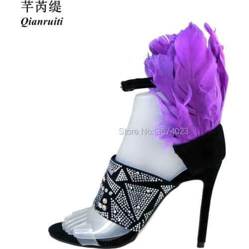 Qianruiti Sexy Women Feather Sandals Rhinestone High Heels Party Dress Shoes Ankle Wrap Thin Heels Patchwork Sandals Summer